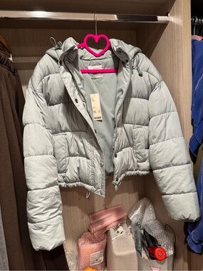 Urban Outfitters Light Sage Hooded Puffer Jacket